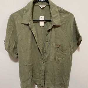 Olive green womens large linens button up shirt